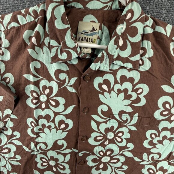Kahala Floral Blue Brown 2XL Cotton Pocket Short Sleeve Hawaiian Button Up Shirt - Picture 1 of 16